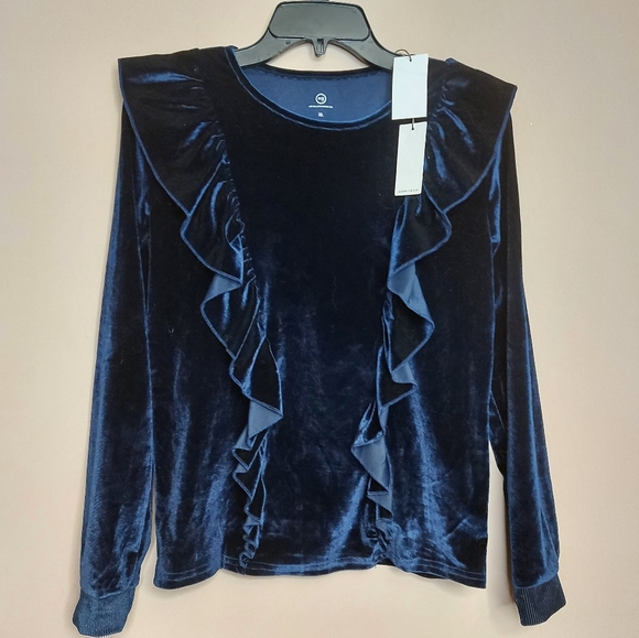 Adriano Goldschmied velvet long sleeve ruffle top - Picture 1 of 6